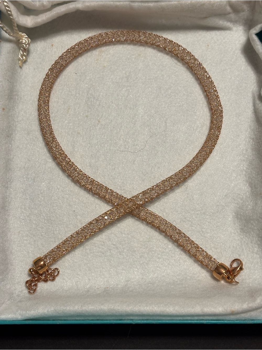 NWT 19” Rose Gold Tone Stainless Steel Crystal Mesh Necklace Heart Hallmark